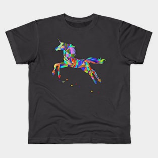 Jumping flying multicoloured unicorn cartoon Kids T-Shirt